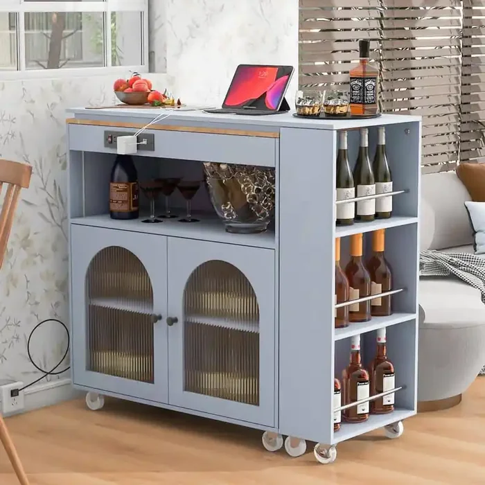 LED Lights Gray Wood Top 34 in. Kitchen Island Cart with Power Outlet, 2 Fluted Glass Doors