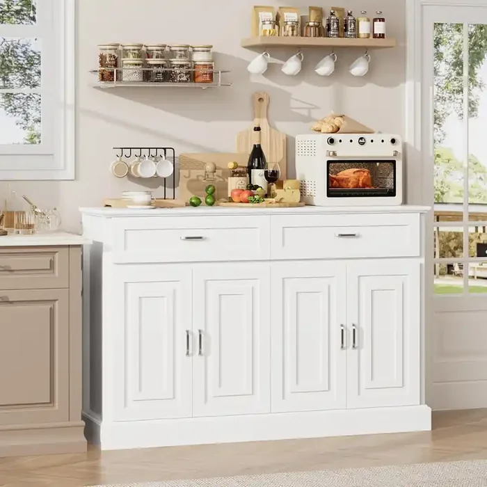 Luxury White Sideboard – 36″ Tall Buffet Cabinet with Storage & Silver Pulls