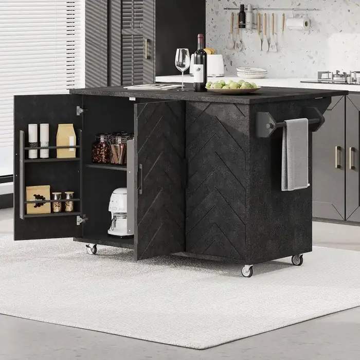 MDF Black Wood Kitchen Cart with Drop Leaf
