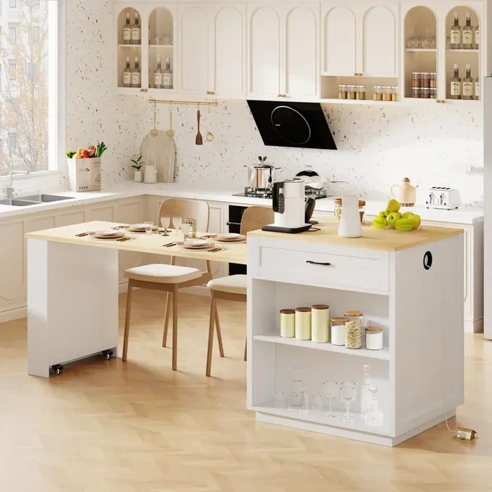 MDF White Oak Wood Kitchen Cart with Extendable Dining Table for 4-6 Person