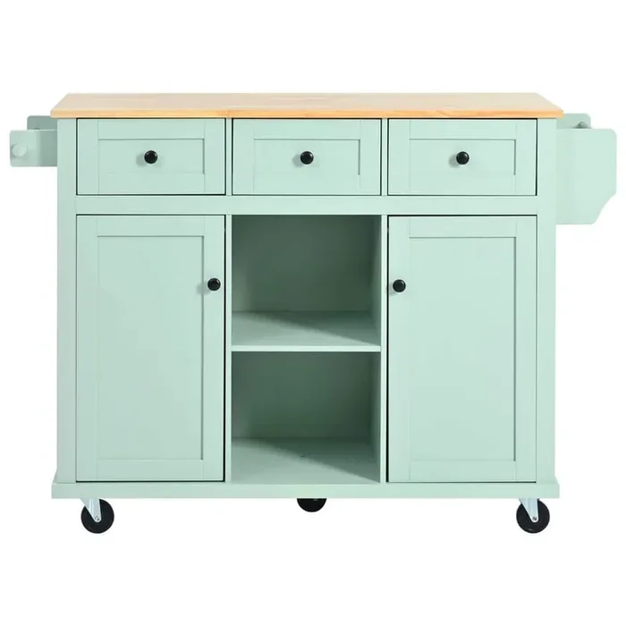 Mint Green Wood 53.1 in. Kitchen Island on 5-Wheels with Storage Cabinet and 3-Drawers Drop-Leaf for Dinning Room