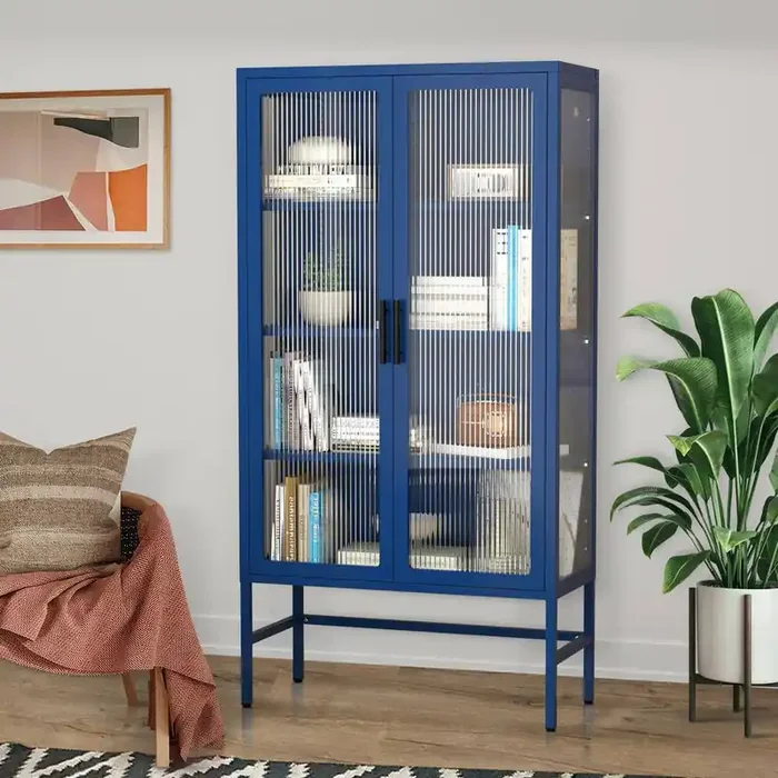 Modern Double Glass Door Display Case Blue 3-Shelf Metal Pantry Organizer Storage Cabinet Sideboard Buffet Cabinet