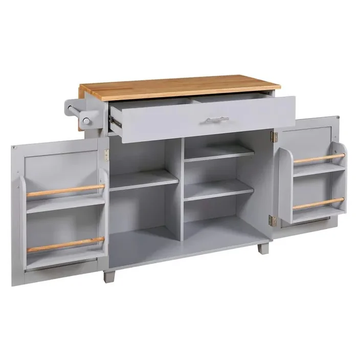 Modern Gray Blue Wood 39 in. Interior Storage Rack Kitchen Island Adjustable Shelves Cart with Compartment Drawer