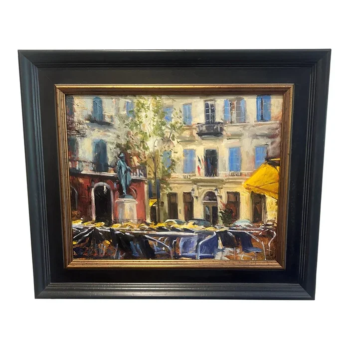 “Morning Light in a French Square” – Impressionist Oil on Board