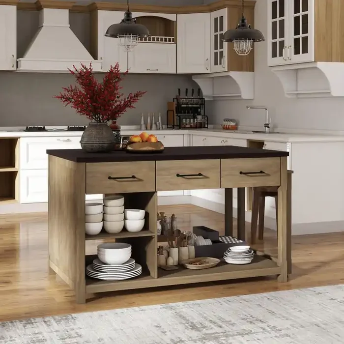Natural Wood 99 in. Extendable Kitchen Island with Built-in Power Outlets, 3-Drawers, Open Shelves, and Locking Casters