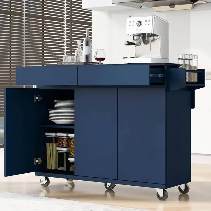 Navy Blue Wood 53.2 in. Kitchen Island with Drop Leaf on Wheels with Adjustable Shelves