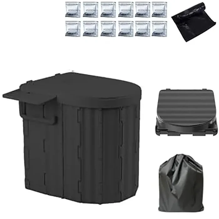 Non-electric 14 in. Waterless Composting Toilet System with Odor-Free Lid Detachable Bracket for Camping Black