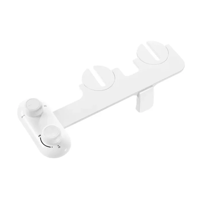 Non-Electric Toilet Bidet Attachment System with Dual Nozzles and Self Cleaning in White