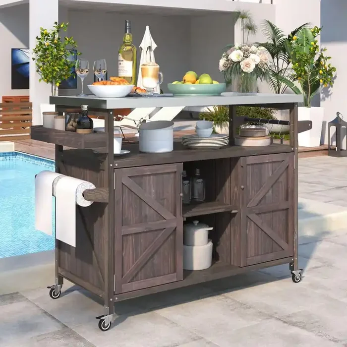 Outdoor Brown Stainless Steel Top 50 in. Kitchen Island Cart with 4 Hook Hanger, Bottle Opener, Spice Rack and Wheels