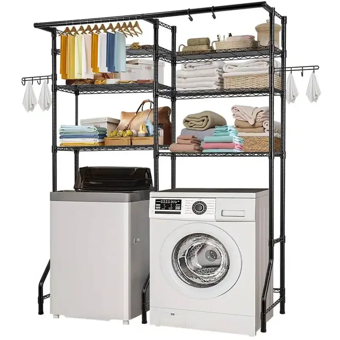 Over Washer and Dryer Storage Shelves, 6 Tiers Laundry Room Drying Rack with Hanger Rod and Hooks, Shelves Black