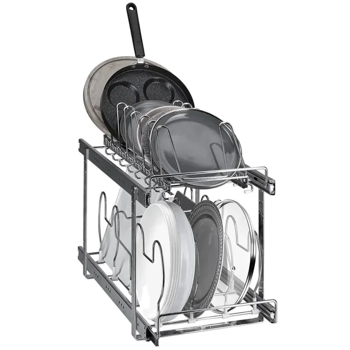 Pan and Pot Rack 2-Tier Expandable Pull Out Under Cabinet Organizer 12 in. W Standing Chrome Plated Pot Rack