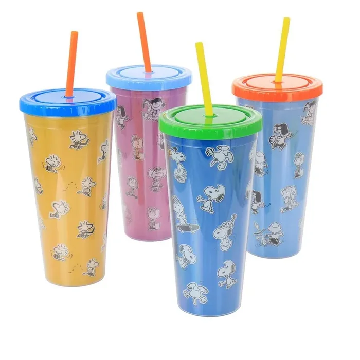 Peanuts 70th Anniversary 23.6 fl. oz. Assorted Colors Plastic Tumbler Set with Lids and Straws