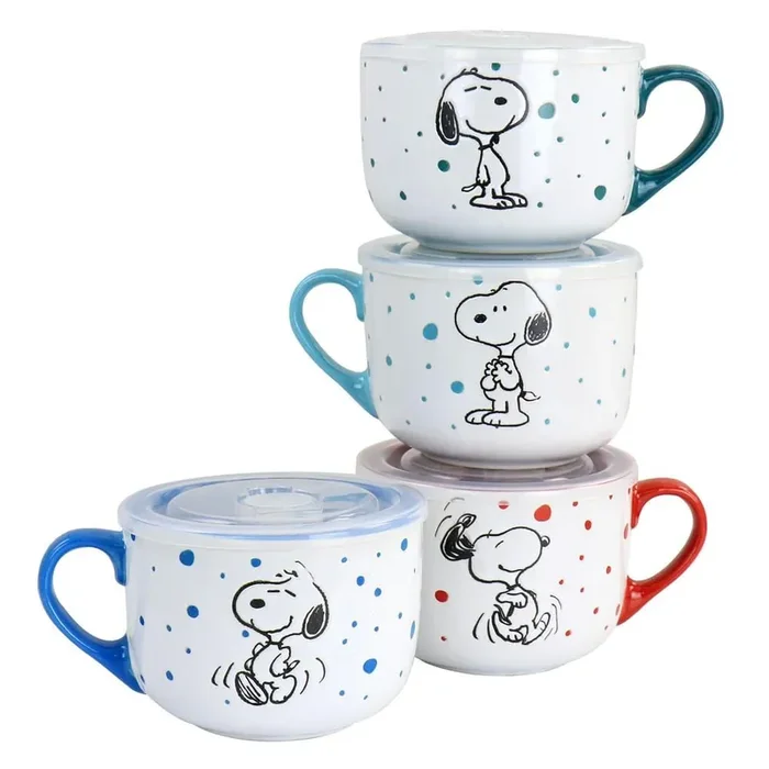 Peanuts Freckled Joy 25 fl. oz. Assorted Colors Stoneware Soup Bowl Cup and Lid (Set of 4)