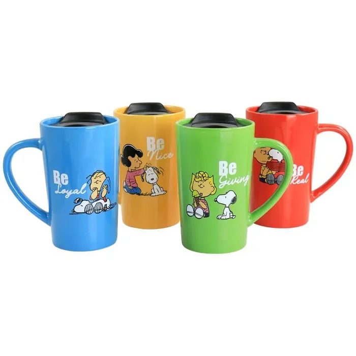 Peanuts Gentle Reminders Stoneware 4-Piece 18 oz. Travel Cups in Assorted Designs