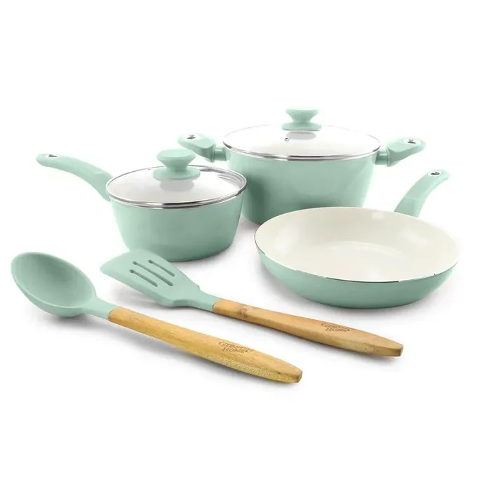 Plaza Cafe 7-Piece Aluminum Nonstick Cookware Set in Sky Blue