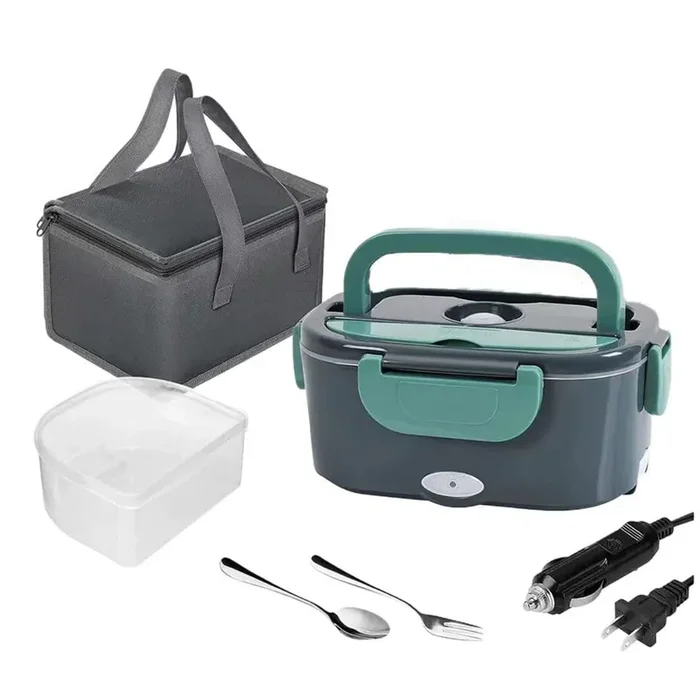 Portable Electric Lunch Box Stainless Steel Food Storage Container with Lids Fork & Spoon & Insulated Carry Bag in Green