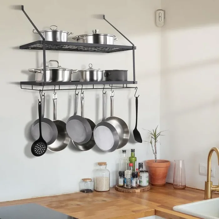 Pot Rack Wall Mounted, Black Wall Mounted, Pot Rack, Pot and Pan Hanging Rack, Pot and Pan Hanger with 12 S Hooks