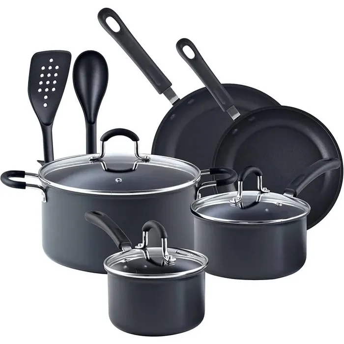 Professional 10-Piece Hard Anodized Aluminum Nonstick Pots and Pans Set with Stay-Cool Handles in Black