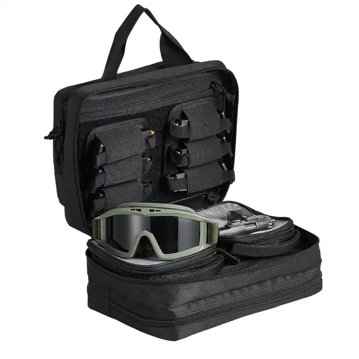 Range Bag for 2-Pistols, 13 in. Black Backpack Tactical Gun Bag, 2-Built-in Removable Pistol Bags 6-Detachable Magazines
