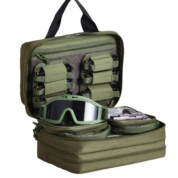 Range Bag for 2 Pistols, 13 in. Green Backpack Tactical Gun Bag with 2 Built-in Pistol Bags 6-Detachable Magazines