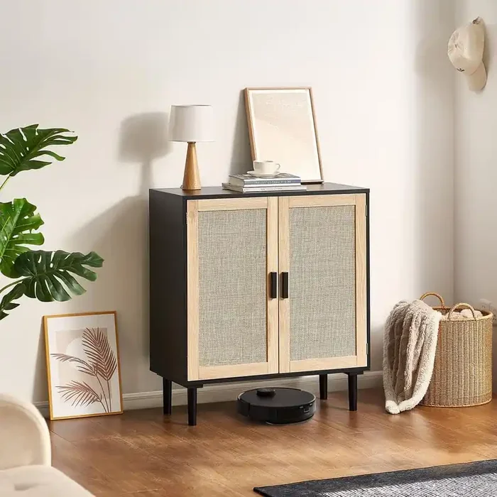 Rattan Cabinet, Rattan Storage Cabinet with 2 Magnetic Doors and Adjustable Shelves, Sideboard Buffet Cabinet Black