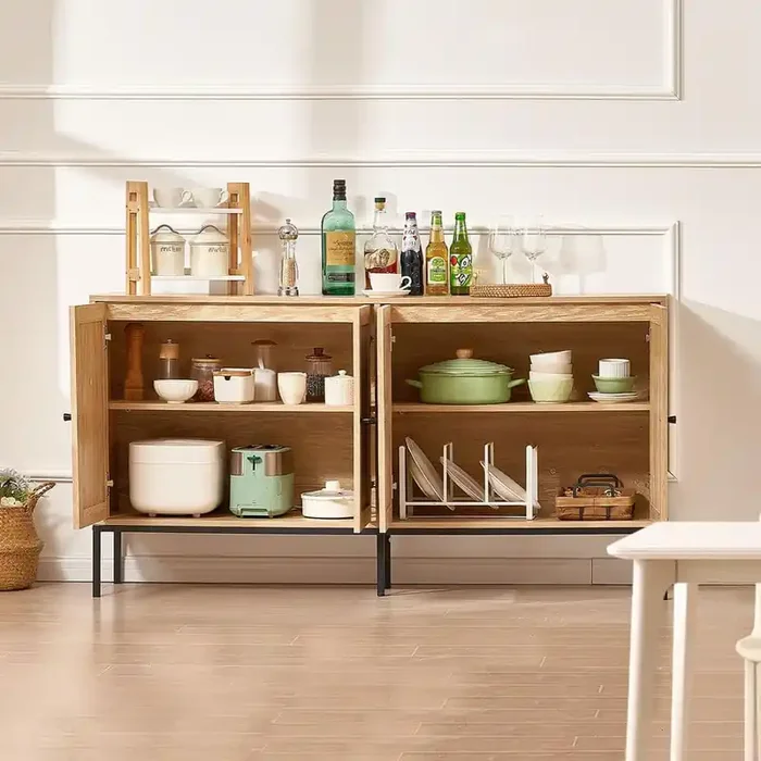 Rattan Cabinet, Rattan Storage Cabinet with 4 Magnetic Doors and Adjustable Shelves, Sideboard Cabinet Natural Wood