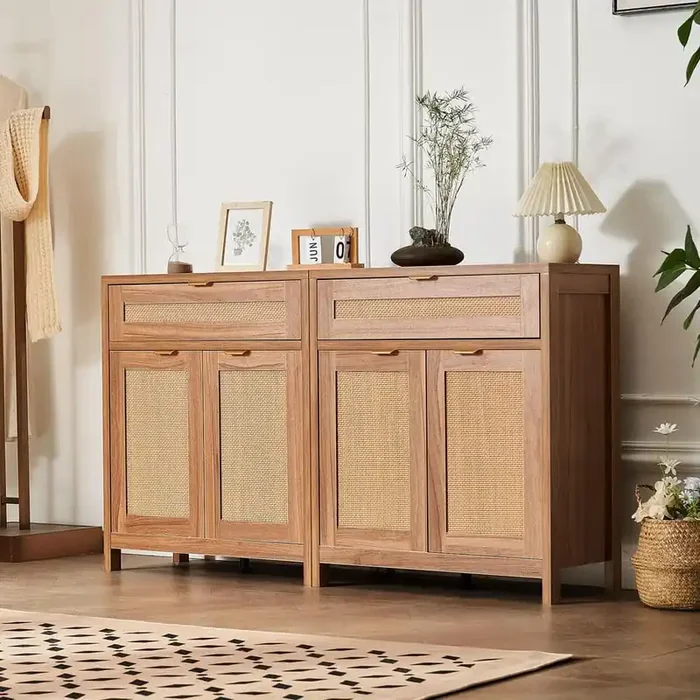 Rattan Cabinet, Set of 2, Rattan Storage Cabinet with 4 Magnetic Doors and 2 Drawers, Sideboard Buffet Natural wood