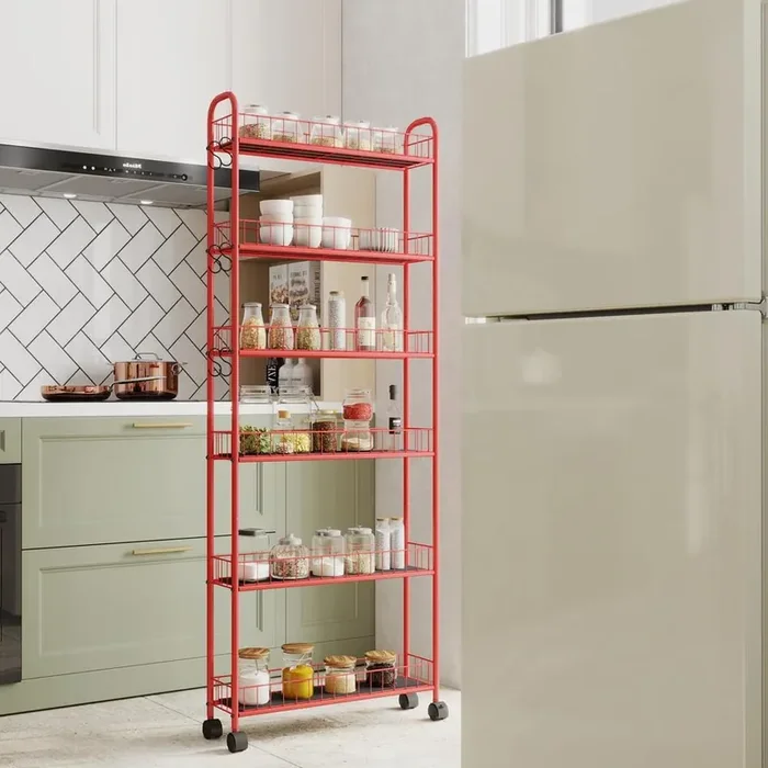 Red 6-Tier Metal Rolling Cart Gap Kitchen Slim Slide Out Storage Tower Rack with Wheels