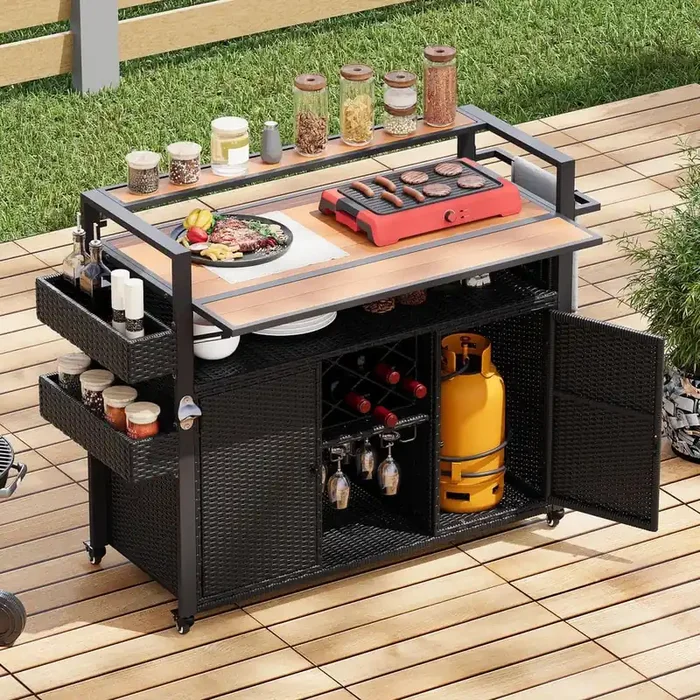 Retro Black Wood 52.8 in. Outdoor Kitchen Island Grill Cart with Extended Plastic Wood Tabletop and Storage Cabinet