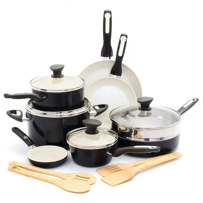 Rio 16-Piece Healthy Ceramic Nonstick Cookware Pots and Pans Set in Black
