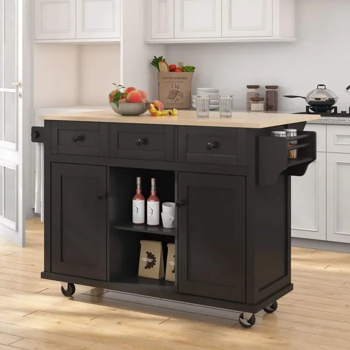 Rolling Black Drop Leaf Wood Top 53 in. Kitchen Island Cart with Storage Racks, Removable Shelves, 5 Wheels