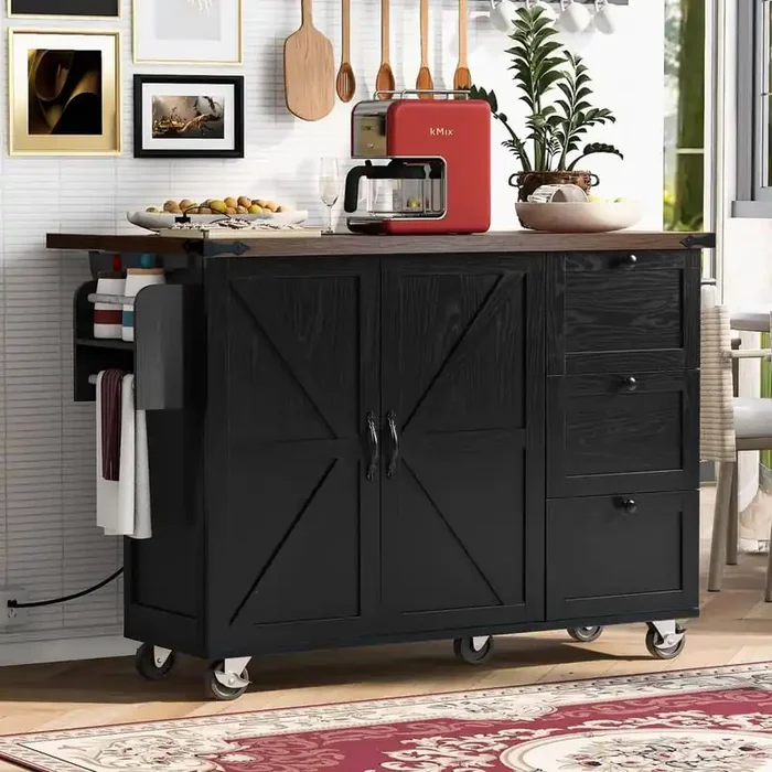 Rolling Black Drop Leaf Wood Top 54 in. Kitchen Island Cart with Power Outlets, Internal Door Racks, 5-Wheels