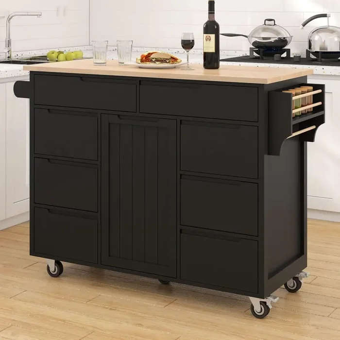Rolling Black Rubber Wood Countertop 53 in. Kitchen Island Cart with 8 Handle-Free Drawers, 5 Wheels