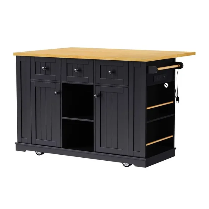 Rolling Black Wood Top 53 in. Kitchen Island Cart with 2 Bar Stools, Power Outlet, Adjustable Shelves