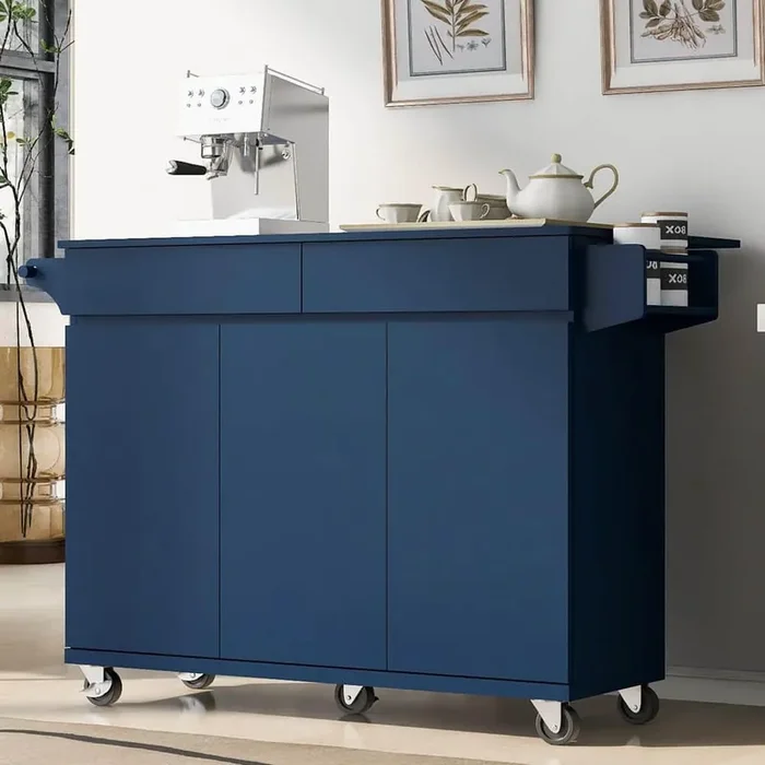 Rolling Blue Drop Leaf Wood Top 53 in. Kitchen Island Cart with Adjustable Shelves, 5 Wheels, Towel and Spice Rack