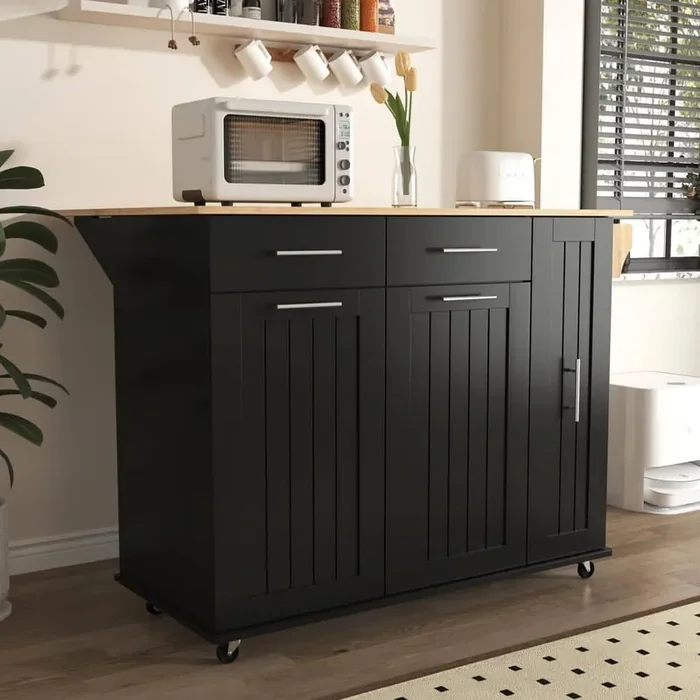 Rolling Drop Leaf Black Wood Top 46 in. Kitchen Island Cart with 3 Tier Pull Out Cabinet Organizer