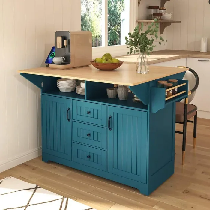 Rolling Green Drop Leaf Wood Top 56 in. Kitchen Island Cart with Power Outlet, 5 Wheels, 2 Doors and 3 Deep Drawers