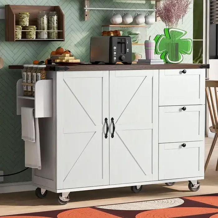 Rolling White Drop Leaf Wood Top 54 in. Kitchen Island Cart with Power Outlets, Internal Door Racks, 5-Wheels