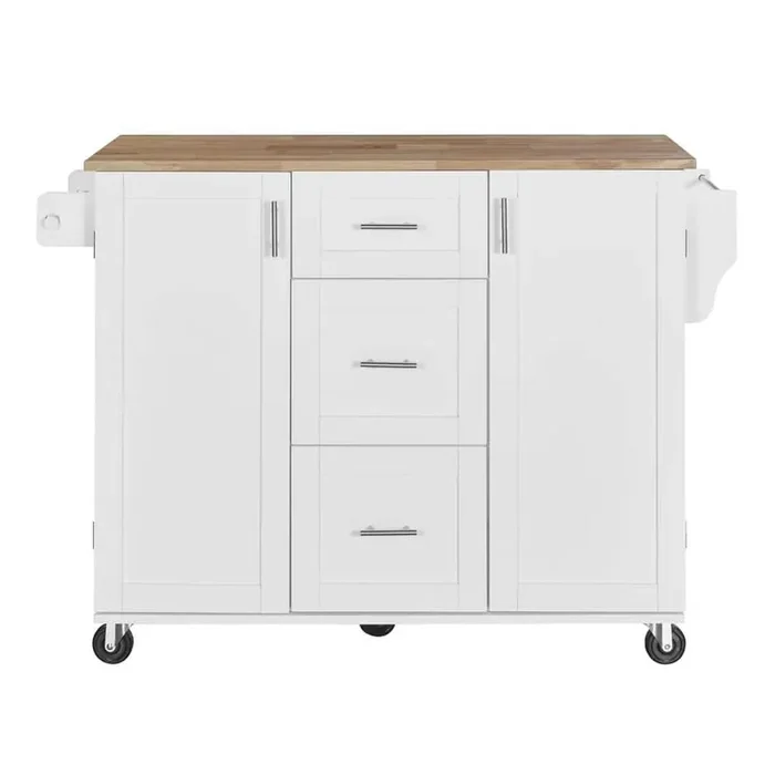 Rolling White Kitchen Cart with Rubber Wood Top, 3-Drawer, 2 Slide-Out Shelf and Internal Storage Rack