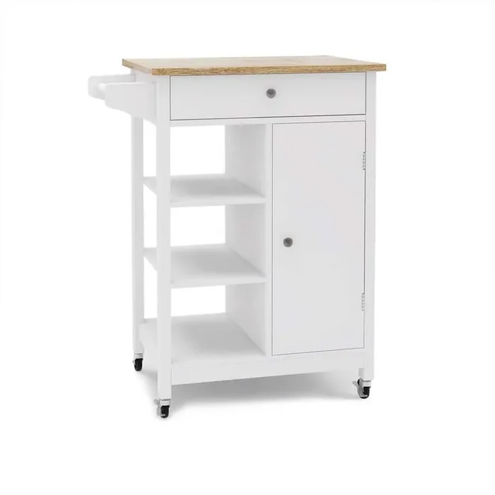 Rolling White Rubber Wood Top 26 in. Kitchen Island Cart with Adjustable Shelves and Towel Rack