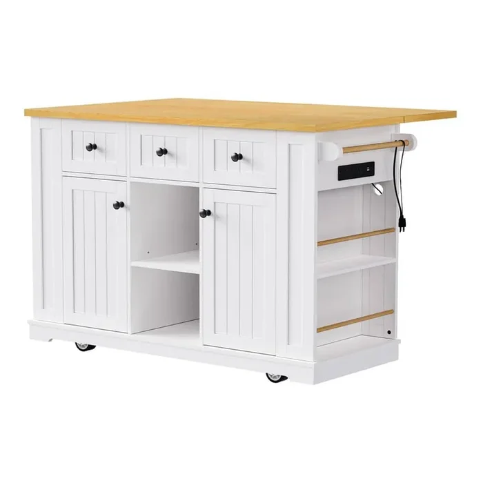 Rolling White Wood Top 53 in. Kitchen Island Cart with 2-Bar Stools, Power Outlet, Adjustable Shelves