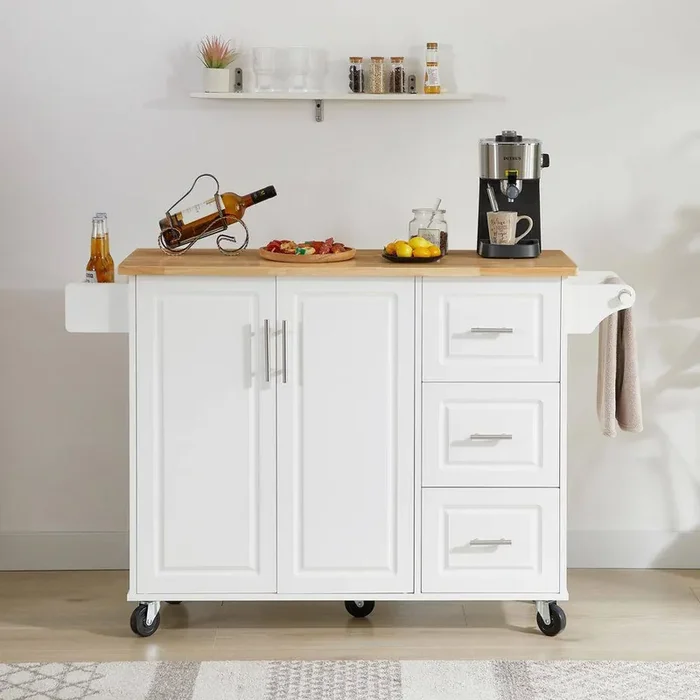 Rolling White Wood Top 53 in. Kitchen Island Cart with Storage Cabinet and Tower Rack, 5 Smooth Wheels