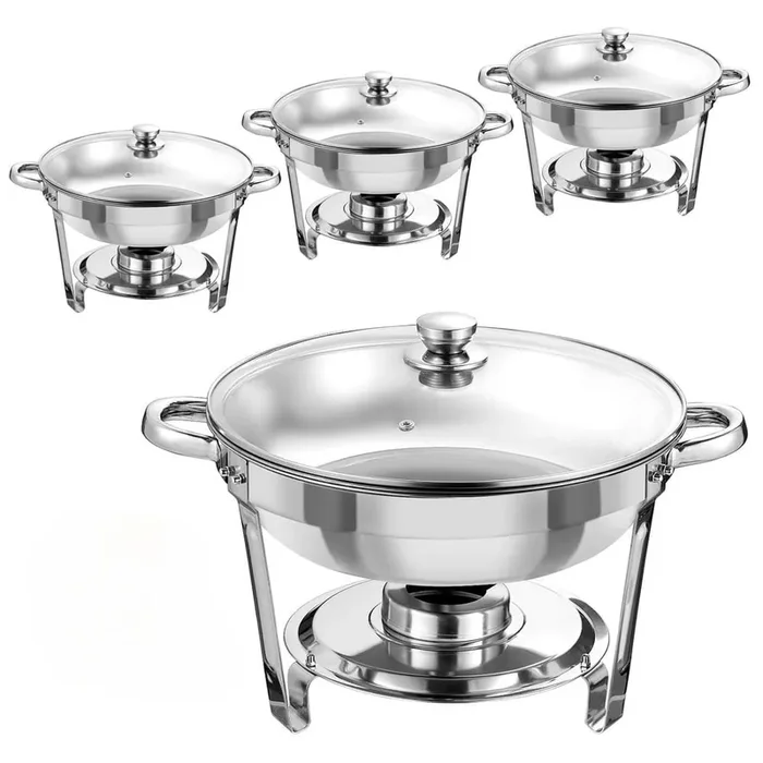Round 5 qt. Silver Stainless Steel Chafing Dish Buffet Set with Transparent Glass Cover Stackable Easy Install 4-Pack