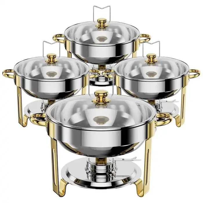 Round Chafing Dish Buffet Set 5 qt. Silver Gold Stainless Steel Food Warmer Tray with Glass Lid Holder 4 Pack