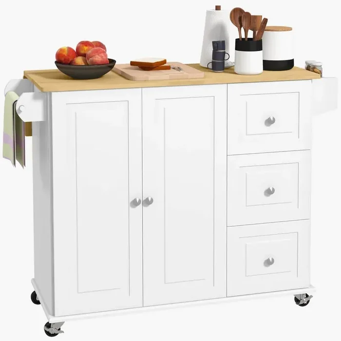 Rubberwood Top 45.25 in.. Kitchen Island Cart with Drop Leaf with 3-Drawers, Spice Rack and Towel Rack, White