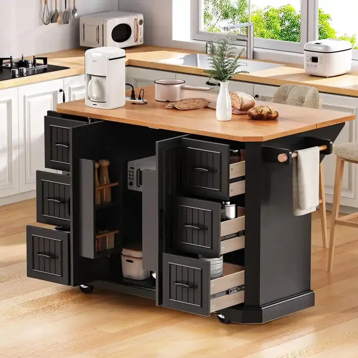 Rustic Black Wood 47.3 in. Power Outlet Drop Leaf Embossed Vertical Stripe Kitchen Island Cart with 6 Deep Drawers