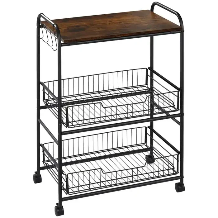 Rustic Brown Kitchen Cart with 2-Basket Drawers and 3-Tier
