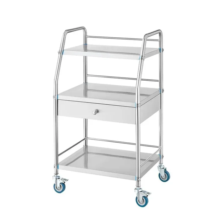 Service Cart, 3 Layers Stainless Steel Utility Kitchen Cart, Medical Cart with Drawer, Utility Cart Wheels Silver