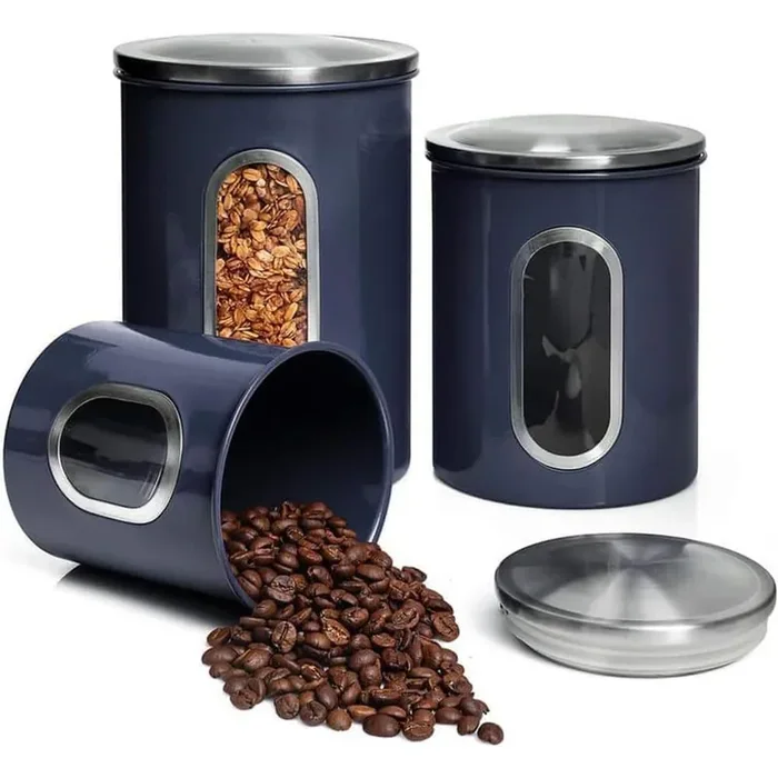 Set of 3 Plastic Canisters with See Through Window, Airtight Coffee Container Tea Organizer and Sugar in Blue