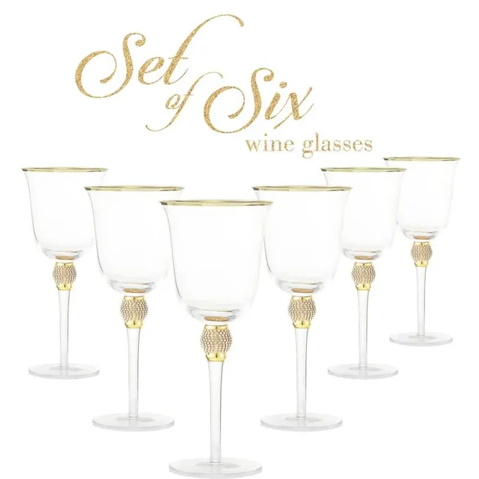 (Set of 6) Luxurious Rose and White 18 oz. Wine Glass with Dazzling Rhinestone Design and Gold tone Rim
